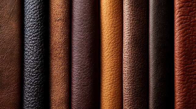 Close-up of various colored leather texture samples in a row.