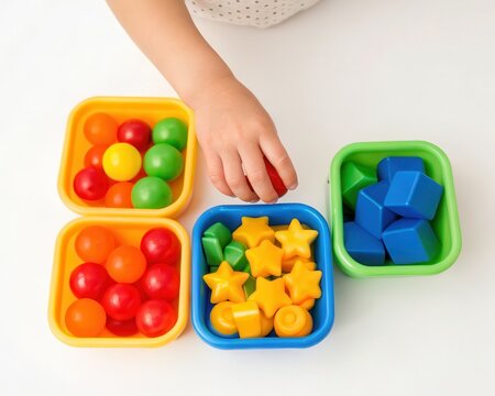 Play based learning concept. A child's hand reaches for colorful geometric and star-shaped toy blocks sorted in small containers.