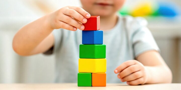 Play based learning concept. Child stacking colorful wooden blocks on a table, focusing on fine motor skills and playtime learning.