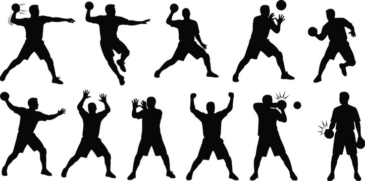 Handball player performing various moves with a ball Vector