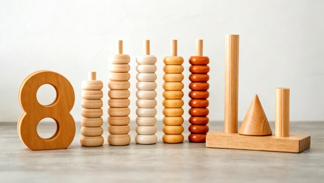 Play based learning concept. Wooden educational toys including an abacus, number eight, and geometric shapes on a wooden surface against a white wall.