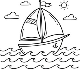 Fototapeta premium Sailboat coloring page for kids ocean adventure line art illustration