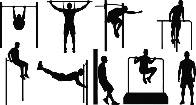 Silhouette man performing calisthenics and gym exercises Vector