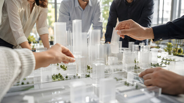 Professionals collaborating on a miniature urban planning city model