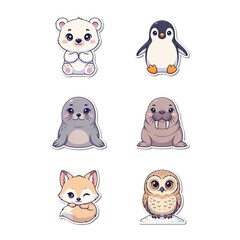Fototapeta premium Cute Arctic Animal Sticker Collection with Polar Bear Penguin Seal Walrus Fox and Owl Kawaii Cartoon Characters 