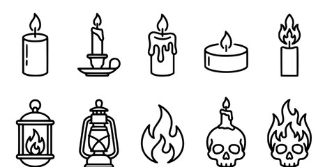 Black line icons of candles lanterns fire and skulls on white background © aliful
