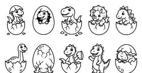 Cute cartoon dinosaurs emerging from eggs coloring page © aliful