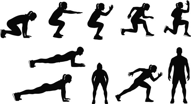 Black and white silhouettes doing push-up variations and exercises Vector