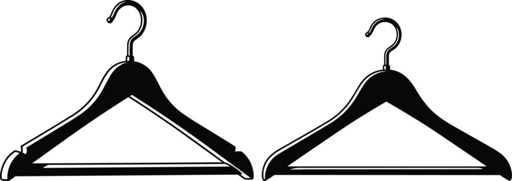 clothes hanger silhouette set, wardrobe clothing hanger icons, plastic garment hanger outline, fashion retail storage symbol, black vector illustration isolated