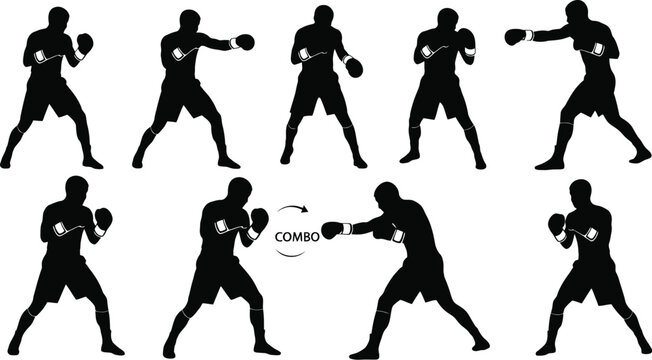 Boxer demonstrating basic punching combinations in fighting stance Vector