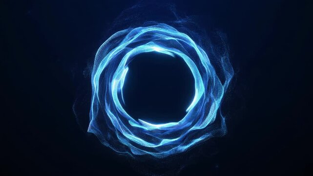 Glowing futuristic energy ring made of light particles and digital waves rotating in dark space. Abstract portal loop animation in blue tones for quantum AI, blue smoke on black background 4k