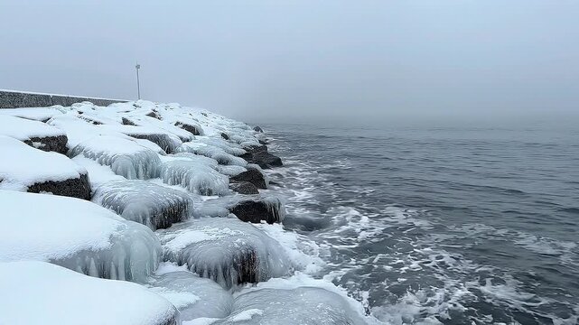 Icy Rocks Covered in Snow Along Frozen Foggy Sea Coastline in Winter