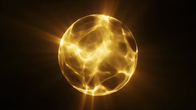 Golden energy orb with translucent plasma waves on dark background, warm abstract sphere for luxury technology visuals, cinematic design,  planet earth in  4k space