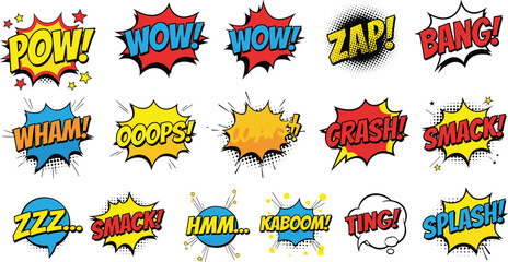 Comic speech bubble sound effects set, pop art explosion shapes, retro comic book text collection, vector cartoon bang pow wow illustration © MstNur