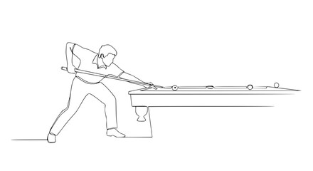 Man playing billiards, striking a ball with a cue stick, minimalist line art drawing. © Nurul