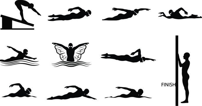 Illustration of butterfly stroke swimming steps and freestyle finish Vector
