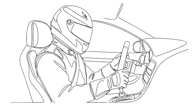 Racing driver in helmet inside car, continuous line art