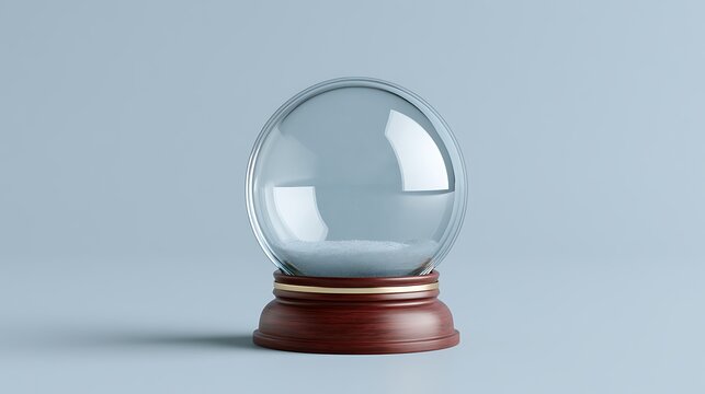 Empty glass snow globe with a wooden base on a light blue background