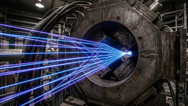 HDR photography of a heavy accelerator electromagnet focusing glowing neon linear abstract particle beams