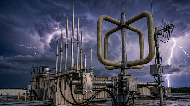 HDR photography of a lightning detection antenna array with abstract electrical data in a thunderstorm