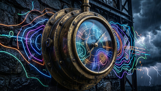 HDR photography of an industrial barometer radiating glowing neon linear abstract pressure rings