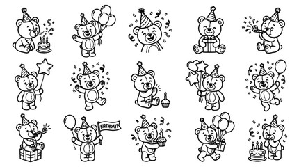 Obraz premium Cute teddy bear birthday party outline vector illustration set with balloons, cupcakes, and party hats on black background