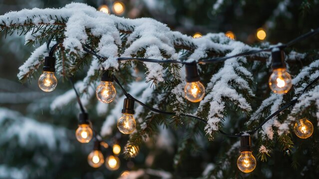 Christmas string lights glowing on a snow-covered pine tree branch in winter