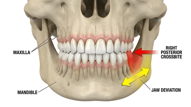 Skull anatomy showing right posterior crossbite and jaw deviation