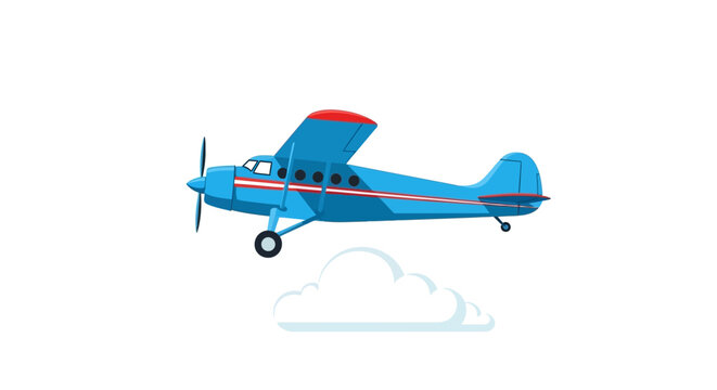 Vintage blue propeller airplane flying in the sky with a cloud below