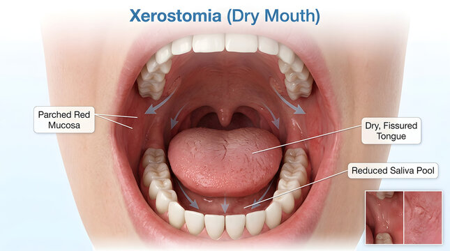 Medical diagram showing signs of xerostomia or dry mouth condition