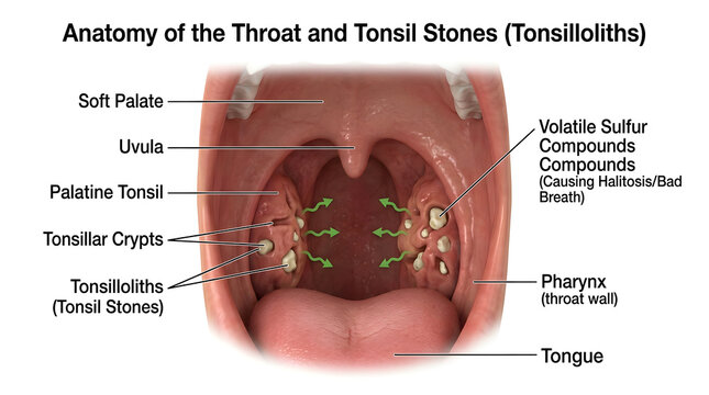 Anatomical diagram of throat and tonsil stones with labels