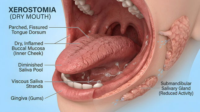 Anatomical view of dry mouth condition and salivary gland location