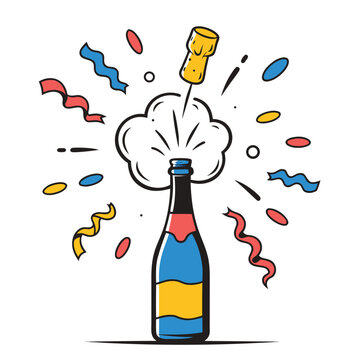 Pop art style vector illustration of exploding champagne bottle with confetti