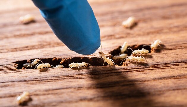 A gloved finger touches a group of light-colored termites emerging from a crack in wooden board.