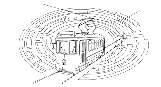 Vintage Tram Navigating a Labyrinthine Path with Overhead Wires