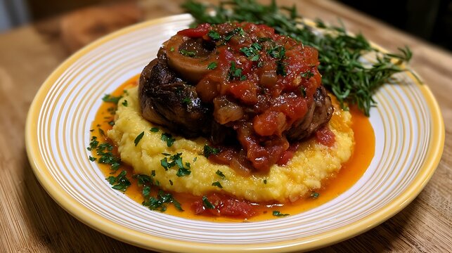 Osso Buco served on creamy polenta with tomato sauce and fresh herbs, a traditional Italian meal.
