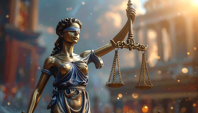 Lady justice statue holding balanced scales with glowing background