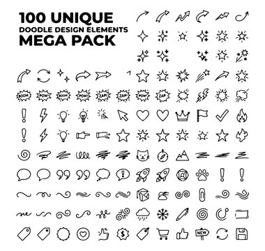 Doodle design elements, 100 unique icons, mega pack, black line art