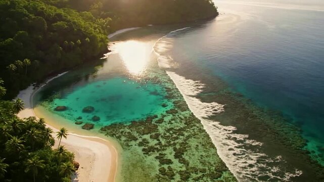 Aerial View of Tropical Bay with Coral Reef at Golden Sunset
