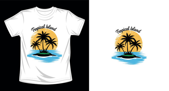 Tropical island t shirt design with palm trees and sunset summer vibes graphic.