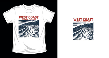 Fototapeta premium West coast summer vacation beach landscape t-shirt design with ocean and buildings.
