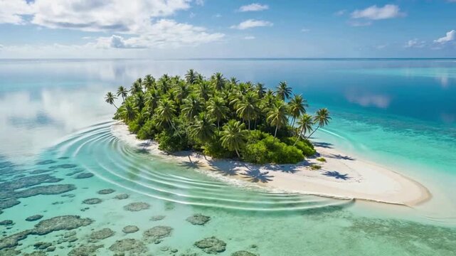 Aerial View of Tiny Tropical Island Surrounded by Coral Reef and Clear Water