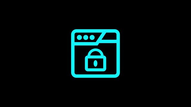 Glowing neon cyan web browser window with padlock icon on black background. Secure website browsing, cyber security, SSL encryption certificate, digital data protection loop