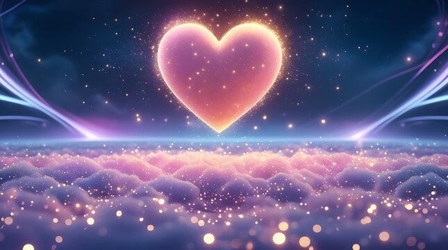 Glowing heart shape floating above fluffy pink clouds in starry night sky dreamy fantasy.