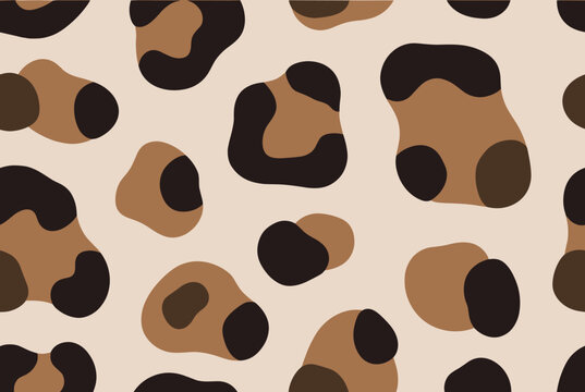 Classic leopard print seamless pattern featuring organic animal spots in warm brown, black, and beige tones.
