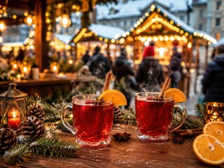 Fototapeta premium Dampfender Kinderpunsch auf einem traditionellen deutschen Weihnachtsmarkt mit festlicher Beleuchtung, winterlicher Kulisse und gemütlicher Adventsstimmung.