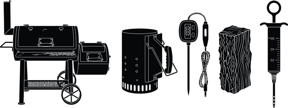 Barbecue grill and meat smoking accessories black silhouette collection