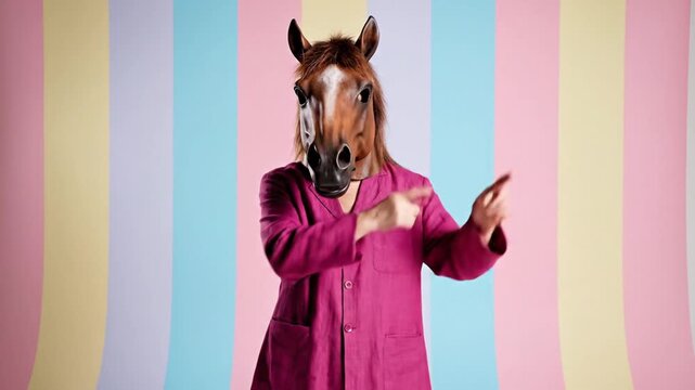 A horse wearing a pink coat standing in front of colorful stripes.