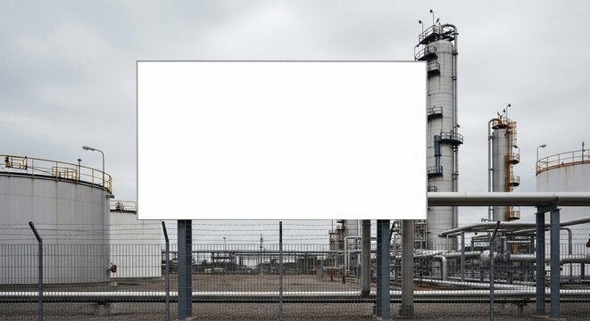 Blank Advertising Billboard Mockup at Industrial Refinery Facility Against Cloudy Sky