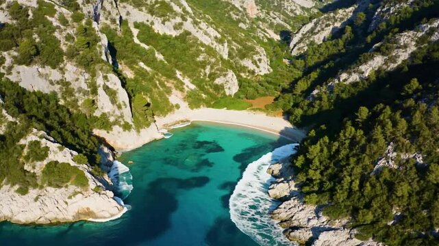 Aerial View of Hidden Turquoise Cove Beach Surrounded by Cliffs and Forest